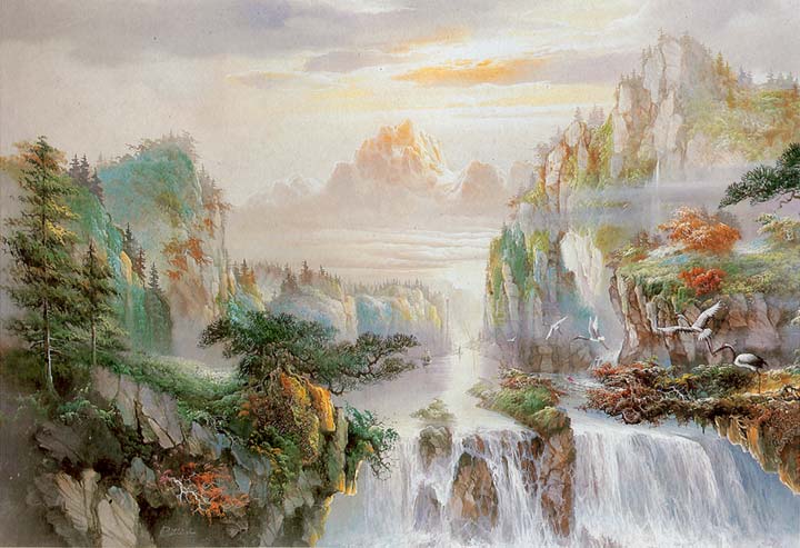 AK1409 Cranes Over Waterfall Wall Mural 2