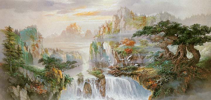 AK1609 Cranes Over Waterfall Wall Mural 4